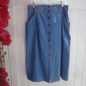 Anthropologie Skirt Women's Large Chambray Blue Cotton Button Down Front Preppy